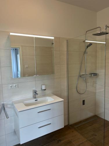 a bathroom with a sink and a shower with a mirror at Haus am Meer mit Sauna in Koserow in Koserow