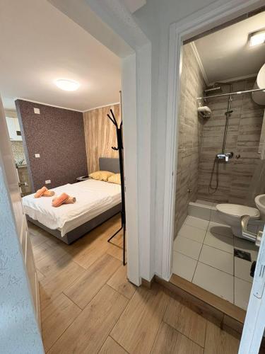 a bedroom with a bed and a bathroom with a shower at Dream 3 in Vračar (historical)