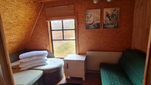 a small room with a bed and a window at Viešnagė gamtos prieglobstyje in Gūragiai