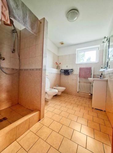 a bathroom with a shower and a toilet and a sink at Penzión Villa Agnes in Smolenice