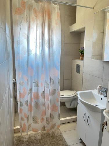 a bathroom with a toilet and a shower curtain at Apartment White Rose in Bar
