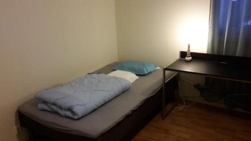 a small bed in a room with a desk at Bodø Apartment in Bodø