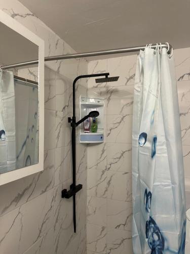 a shower in a bathroom with a shower curtain at Apartment near Corvin Castle in Hunedoara