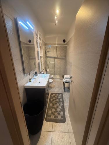 a bathroom with a sink and a toilet and a mirror at Suite Vittoria in Ortona