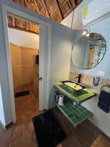 a bathroom with a shower and a sink and a mirror at Jaguar Club & Casitas in Santa Clara