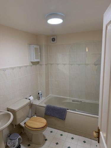 a bathroom with a tub and a toilet and a sink at Culloden Stables 4 in Inverness