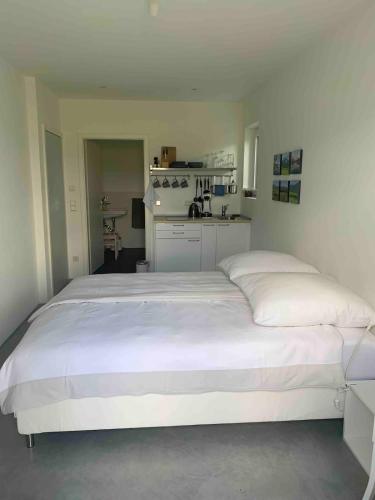 a large white bed in a room with a kitchen at Studio mit Alpenblick und privaten Terrasse in Kleinweil