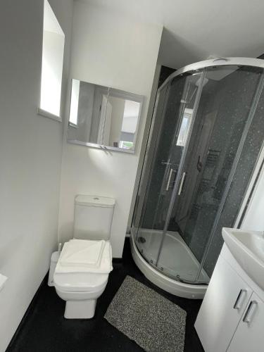 a white bathroom with a shower and a toilet at Ridgeways Premium House in Bristol
