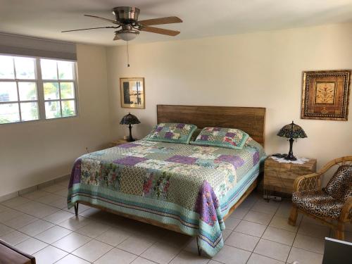 a bedroom with a bed and a ceiling fan at A Private Paradise by the Rainforest in Luquillo