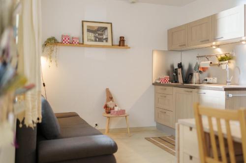 a living room with a couch and a kitchen at Les Jardins de Colmar in Herrlisheim-près-Colmar