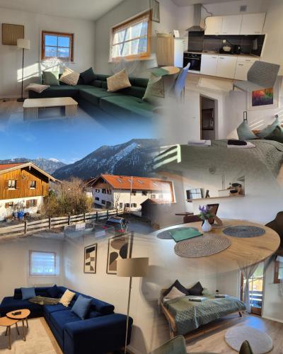a collage of four pictures of a living room at Wildstein - Ferienwohnungen in Bayrischzell