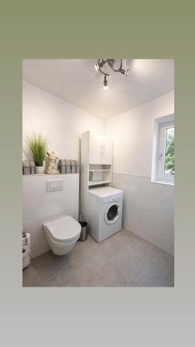 a bathroom with a toilet and a washing machine at Ferienwohnung Wald-Michelbach in Wald-Michelbach
