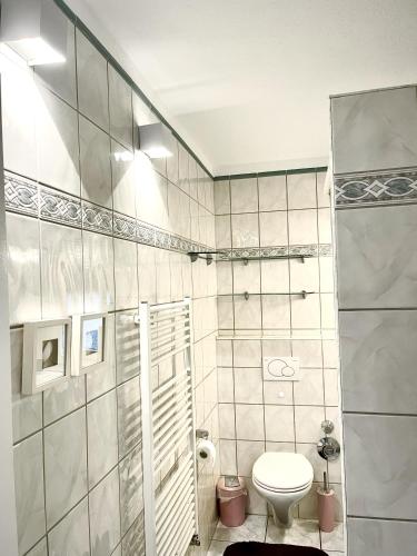 a bathroom with a toilet and a shower at Ferienwohnung Sophie in Weil am Rhein