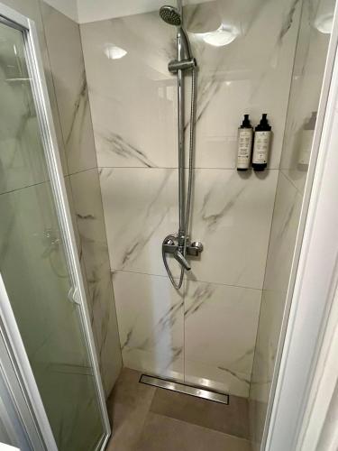a shower stall with a glass shower door at Blue Coast Ivo in Piran