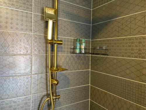 a bathroom with a shower with gold fixtures at City Suites Budva in Budva