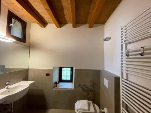 a bathroom with a sink and a toilet and a window at La Torre Masana in Vigostano