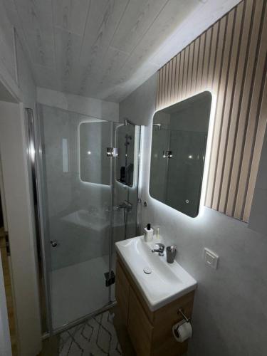 a bathroom with a shower and a sink and a mirror at Deniz’s Serviced Apartment. in Niederaula