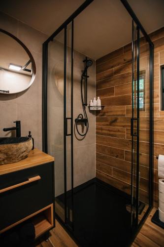 a bathroom with a shower and a sink at Naše chata in Ostrolovský Újezd