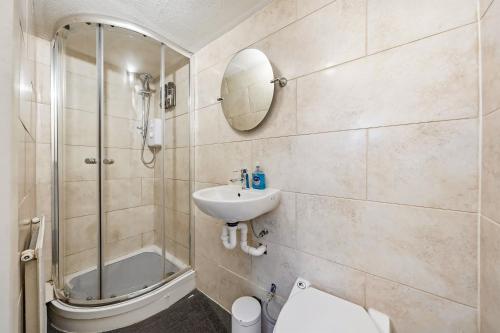 a bathroom with a shower and a sink and a toilet at Lee Valley Lodge Ground Floor in Cheshunt