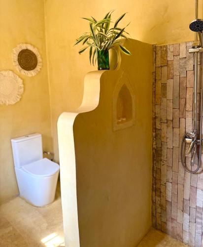a bathroom with a toilet and a plant on a shelf at Villa Katwe in Masaka