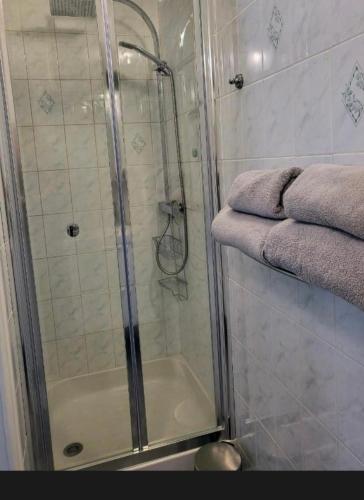 a bathroom with a shower with a glass door at Le paradis bleu azur in Ensuès-la-Redonne