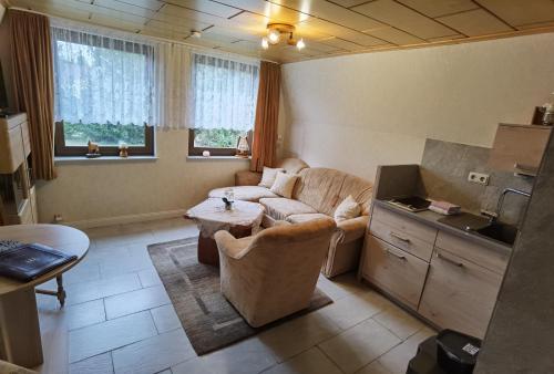 a living room with a couch and a table at Finnhütte Tanne in Tanne