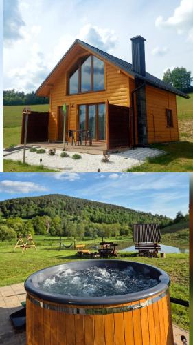 two pictures of a house and a hot tub at Domki pod Bukowym Lasem in Wańkowa