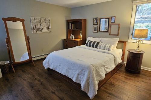 a bedroom with a bed and a large mirror at Leelanau Pines in Suttons Bay
