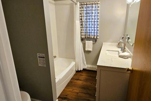 a bathroom with a sink and a tub and a shower at Leelanau Pines in Suttons Bay