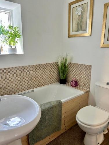 a bathroom with a tub and a toilet and a sink at Mews Cottage in Torquay