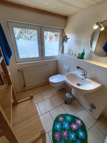 a bathroom with a sink and a toilet and a mirror at A short break on Germany's largest island in Garz
