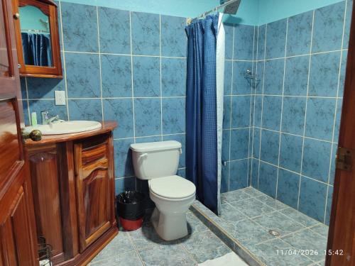 a bathroom with a toilet and a sink and a shower at Fish Hook Marina Hotel in Golfito