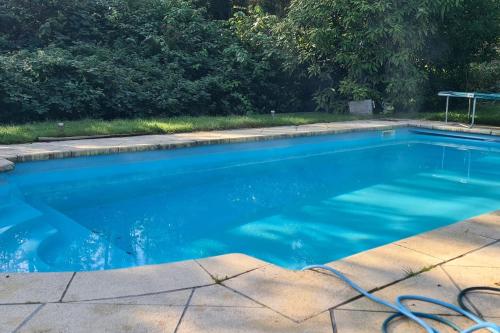 a swimming pool with blue water in a yard at Balistyle guesthouse incl Hottub near Amsterdam and Haarlem in Velsen-Zuid