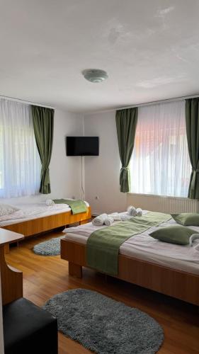 two beds in a room with curtains and a tv at Casa Iuly in Gârda de Sus