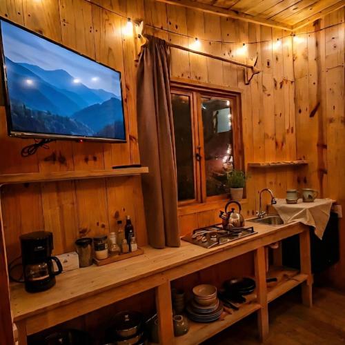 a kitchen with a television on a wooden wall at Biciting Casita en el Árbol con Terraza in Mineral del Chico