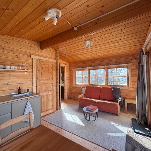 a living room with a couch in a log cabin at Armuli in Reynistaður
