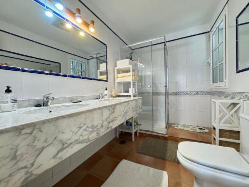 a bathroom with a sink and a toilet and a mirror at Casa Alegria in Puerto Rico de Gran Canaria
