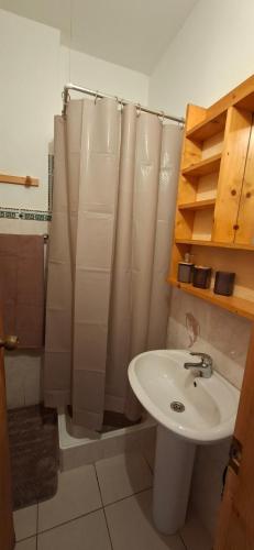 a bathroom with a shower and a sink at Carla Tryana Fernandes Castro in Vila do Porto