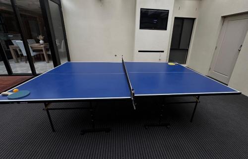 a blue ping pong table with two balls on it at Home in Highton in Highton