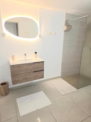 a bathroom with a sink and a shower with a mirror at Kaloukera in Trois-Rivières