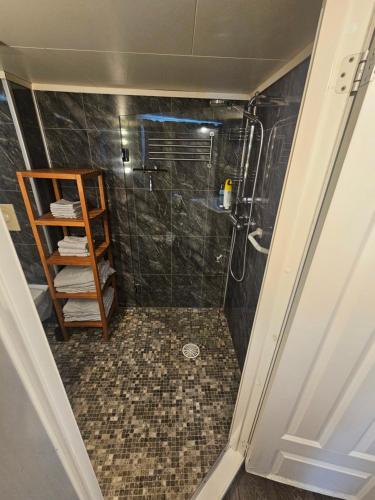 a bathroom with a shower with a tiled floor at Koselig enebolig i Sentrum in Egersund