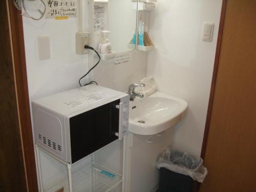 a small bathroom with a sink and a microwave at Youth Hostel WANIHAMA-Lakeside BIWA in Otsu