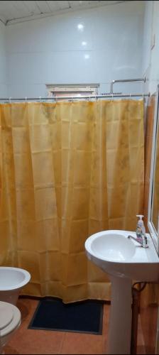 a bathroom with a sink and a shower curtain at Cabaña Familiar con arroyo sobre Ruta 12 II in Santa Ana
