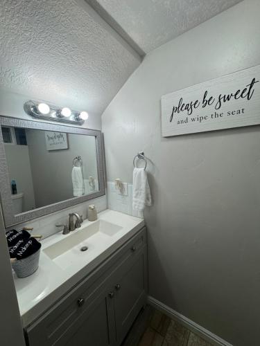 a bathroom with a sink and a mirror at Cozy Apt in Downtown Logan in Logan
