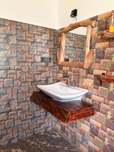 a bathroom with a sink in a brick wall at Mountain Shack Homestay in Ella