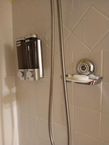 a shower stall with a soap dispenser in a bathroom at Southern Charmer in Stone Mountain
