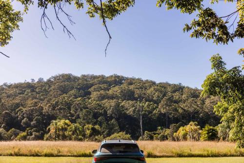 a car parked in front of a mountain at Dreamseed Cabin by Tiny Away in Yandina
