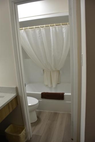 a bathroom with a toilet and a shower curtain at Howard Johnson by Wyndham Hinton in Hinton