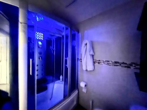 a bathroom with a shower with a towel on the wall at Prime DMV Stay in Silver Spring