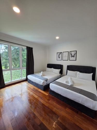 two beds in a room with wood floors and windows at Teeview Homes 9B in Tanah Rata